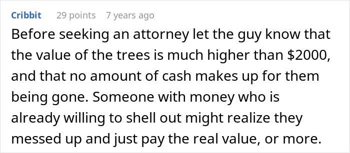 Comment about neighbor cutting down white oak trees without permission discussing tree value and settlement advice online.