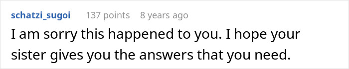 Comment expressing sympathy and hope for a sister to provide answers about why woman never got to study abroad. Comment expressing sympathy and hope for a sister to provide answers about why woman never got to study abroad.