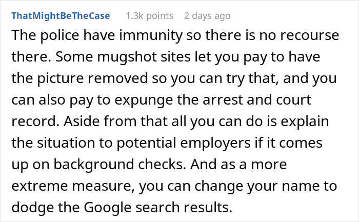 Comment text discussing consequences faced by a man proven not guilty of a crime and issues with police immunity.
