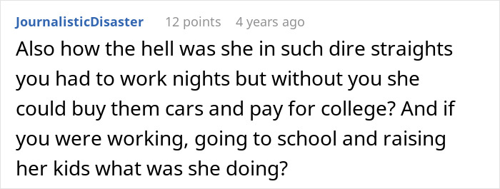 Screenshot of a forum comment discussing take care siblings refusing support from their mother in a family conflict.