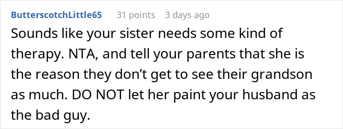 Reddit comment about a woman forbidding her brother-in-law from talking to her, risking less time with nephew.