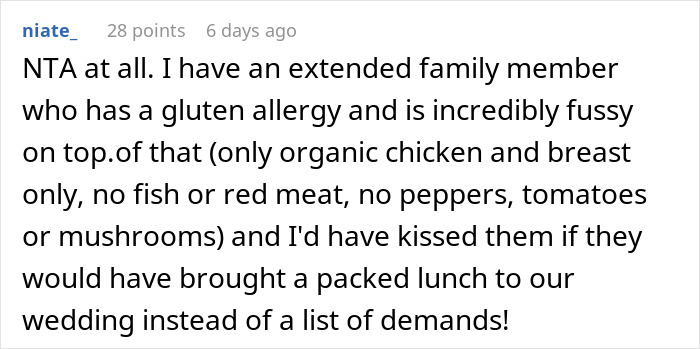Comment discussing a friend&rsquo;s strict diet and drama when she brings her own food to a wedding reception.