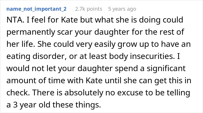 Reddit comment warning about risks of a little girl copying ex&rsquo;s eating disorder behavior and calling bread yucky at age 3.