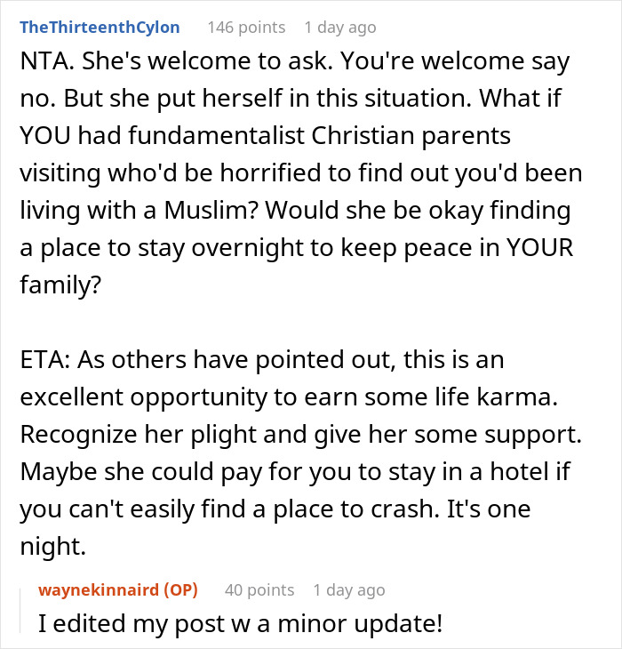 Text post discussing a student kicked out of his house to keep appearances for roommate’s Muslim mom, seeking support. Text post discussing a student kicked out of his house to keep appearances for roommate’s Muslim mom, seeking support.