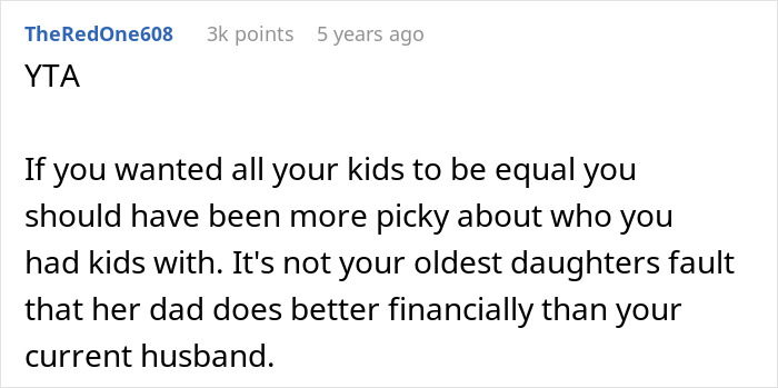 Screenshot of a Reddit comment discussing fairness and financial differences between siblings in a family situation.