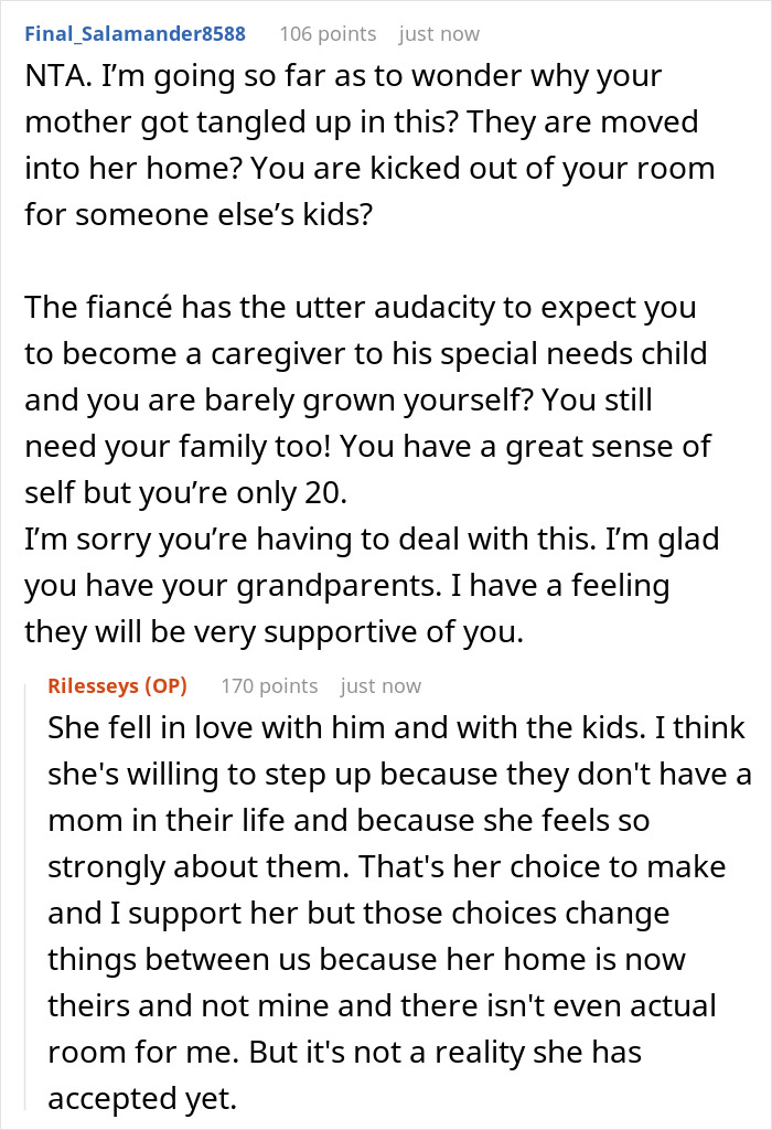 Reddit conversation about a mom trying to recruit her 20-year-old son to care for fiancé’s disabled daughter. Reddit conversation about a mom trying to recruit her 20-year-old son to care for fiancé’s disabled daughter.