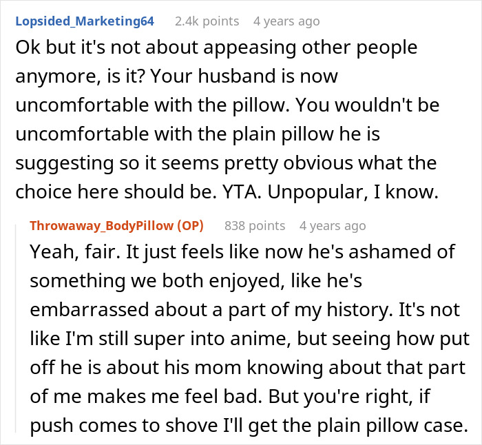 Reddit conversation about MIL thinking son is in a throuple with wife and an anime pillow, discussing relationship issues. Reddit conversation about MIL thinking son is in a throuple with wife and an anime pillow, discussing relationship issues.