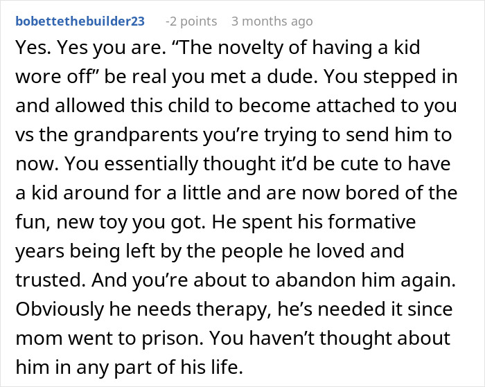 Comment from user discussing a single mom abandoning toddler, highlighting emotional impact and need for therapy in toddler's life.