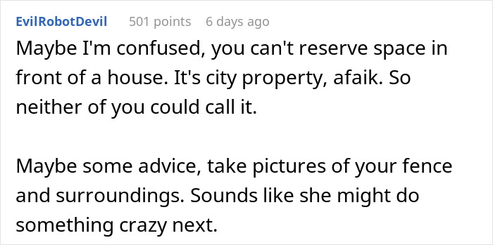 Comment discussing city property rules on parking and advising to take pictures due to neighbor upset over nanny parking front home.