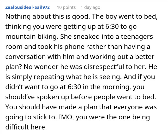 Comment text discussing a boy&rsquo;s meltdown and a man walking out during a 6:30 a.m. mountain biking conflict.