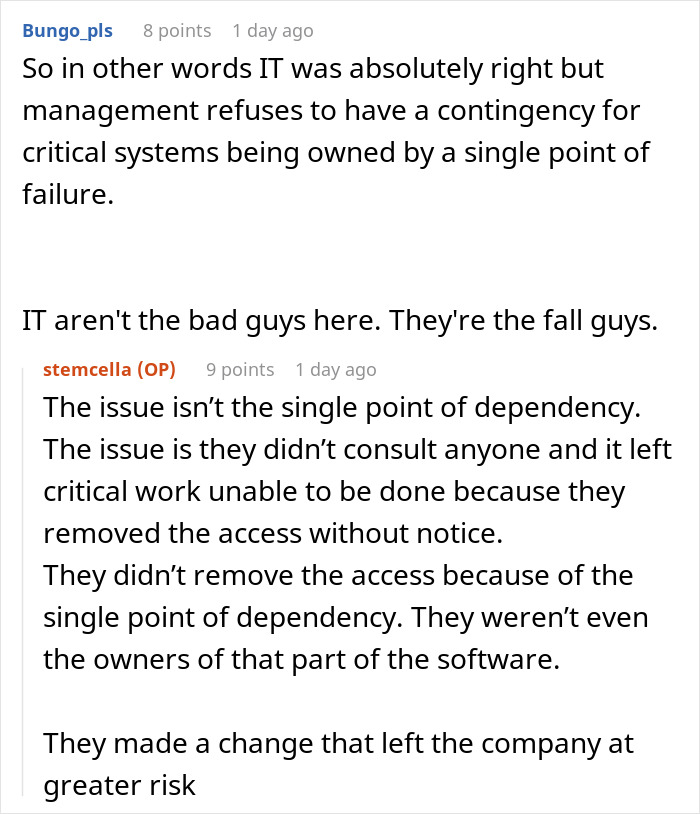Screenshot of an online discussion where an engineer explains risks after HR revokes software access without notice.