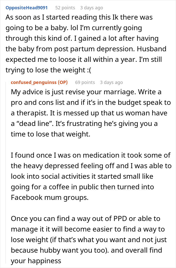 Screenshot of a forum conversation about postpartum depression and struggles with weight loss after pregnancy.
