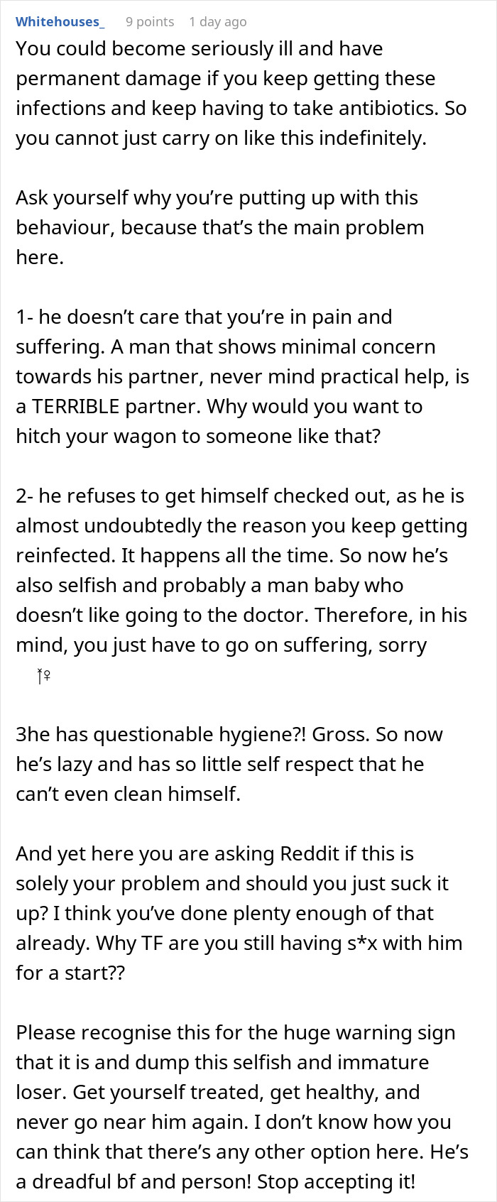 Commentary on a boyfriend prone to infections, refusing testing, causing partner to reconsider marriage plans due to health concerns