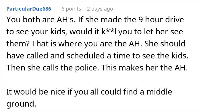 Screenshot of a Reddit comment discussing a woman showing up unannounced at ex-DIL’s doorstep and calling the cops. Screenshot of a Reddit comment discussing a woman showing up unannounced at ex-DIL’s doorstep and calling the cops.