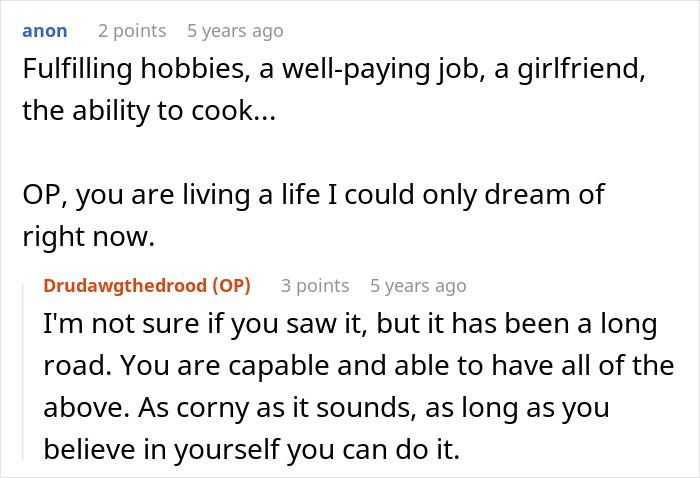 Screenshot of an online conversation showing supportive messages about life challenges and personal growth.