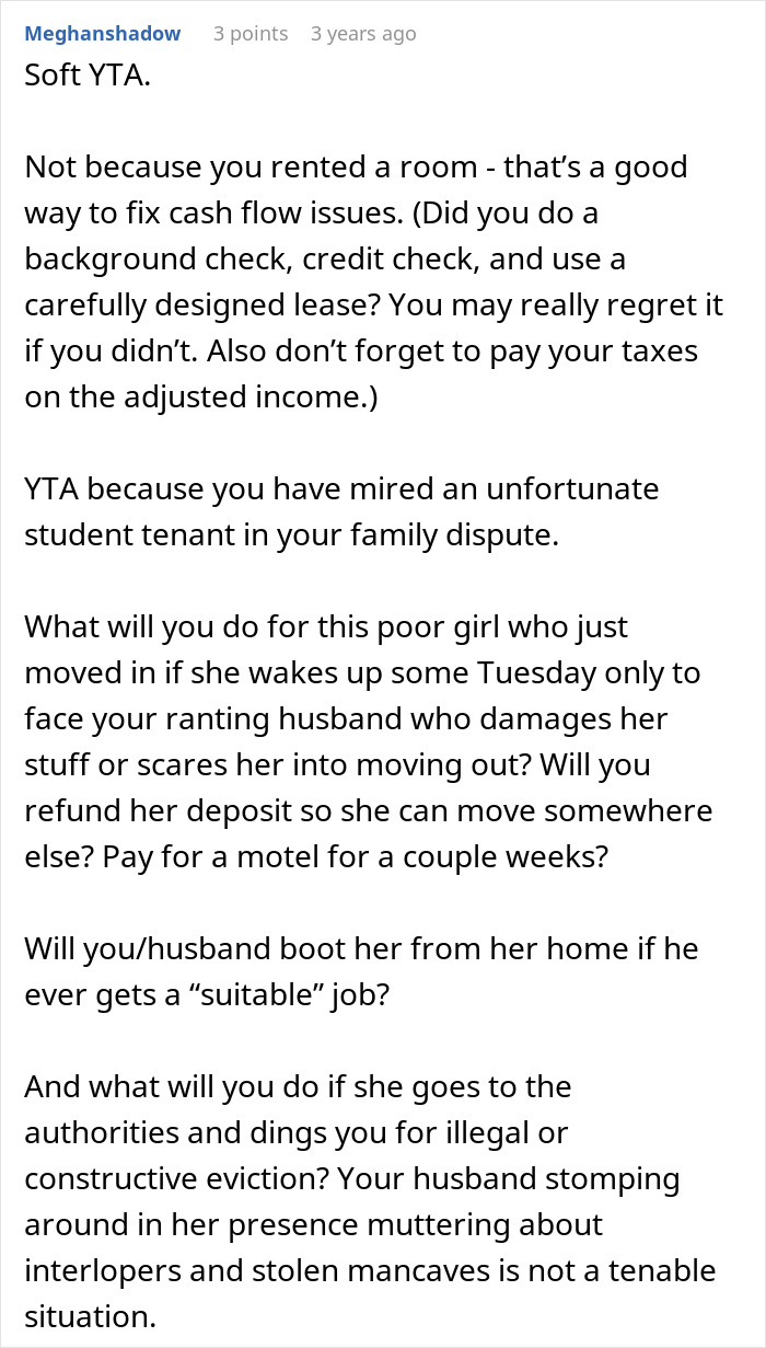 Comment discussing risks of renting out husband's man cave amid family disputes and tenant safety concerns.