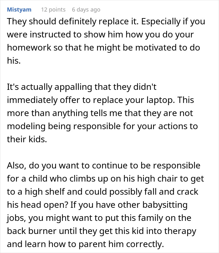 Comment text discussing responsibility and whether to ask for laptop replacement after kid pours water on babysitter&rsquo;s laptop.