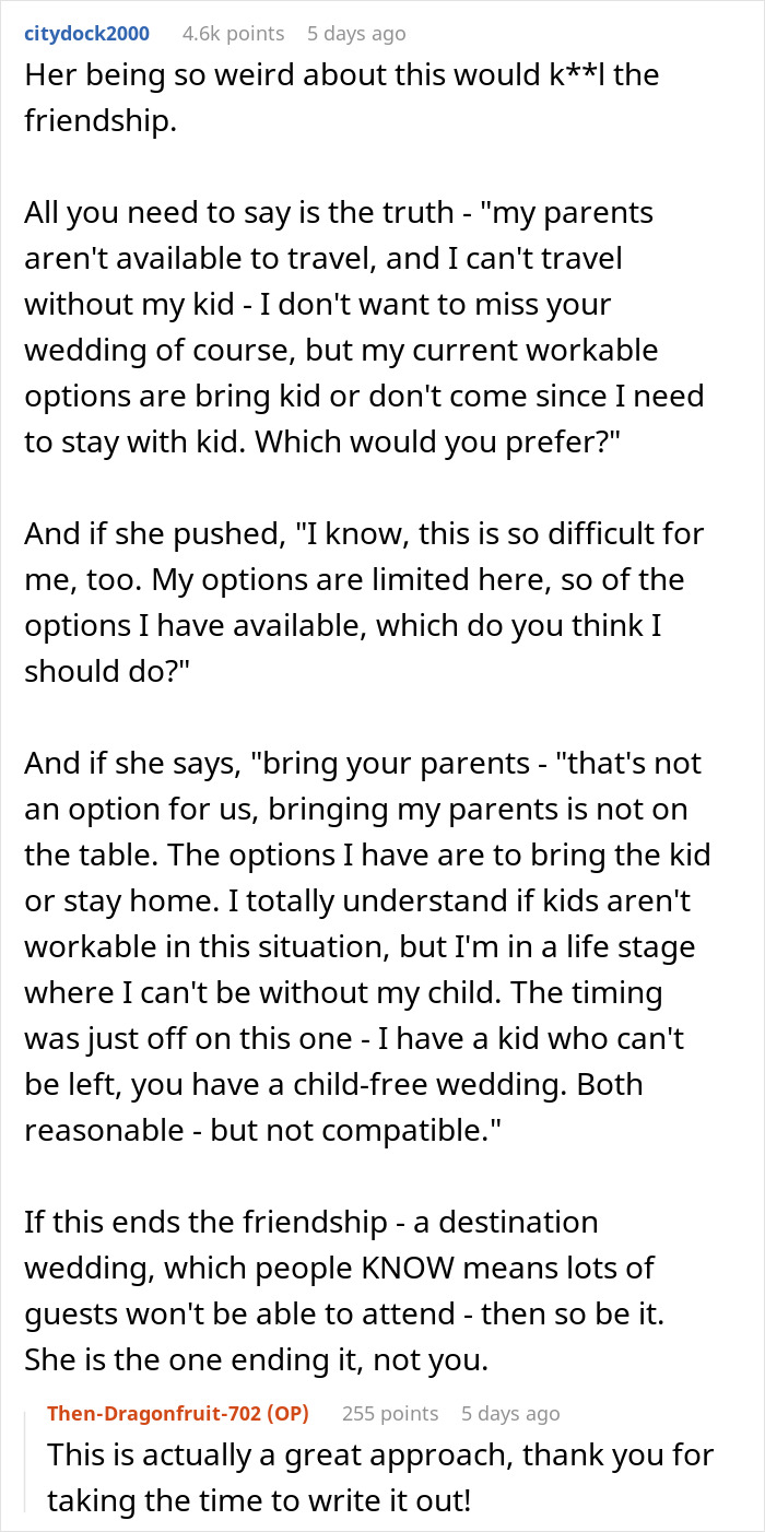 Text conversation discussing bride risking her friendship after banning BFF from bringing her baby to wedding while others can. Text conversation discussing bride risking her friendship after banning BFF from bringing her baby to wedding while others can.