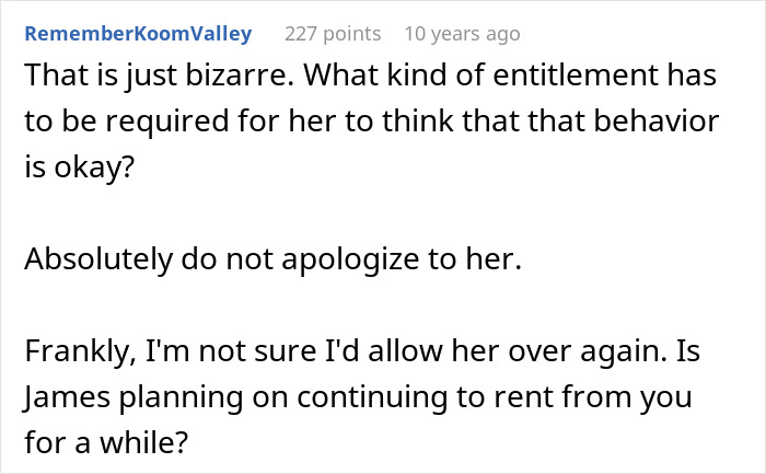 Comment discussing entitlement and party behavior in a woman accuses homeowners of ruining her party scenario.