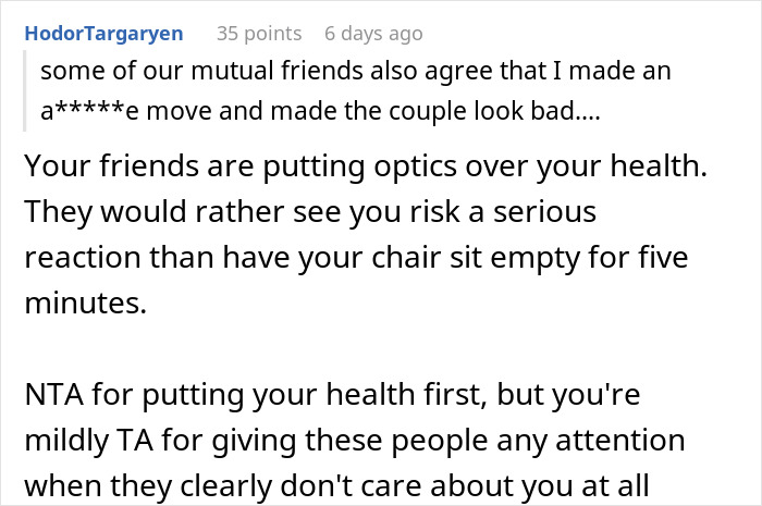 Comment thread discussing drama when a couple can&rsquo;t accommodate a friend&rsquo;s diet at the wedding, leading to conflict.