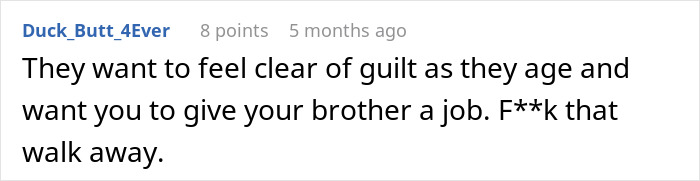 Screenshot of an online comment discussing family dynamics related to favoritism and college acceptance letters.