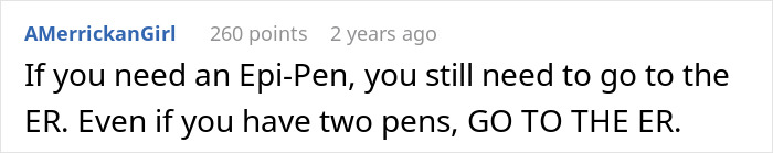 Screenshot of a Reddit comment advising to go to the ER after anaphylactic shock despite having Epi-Pens.