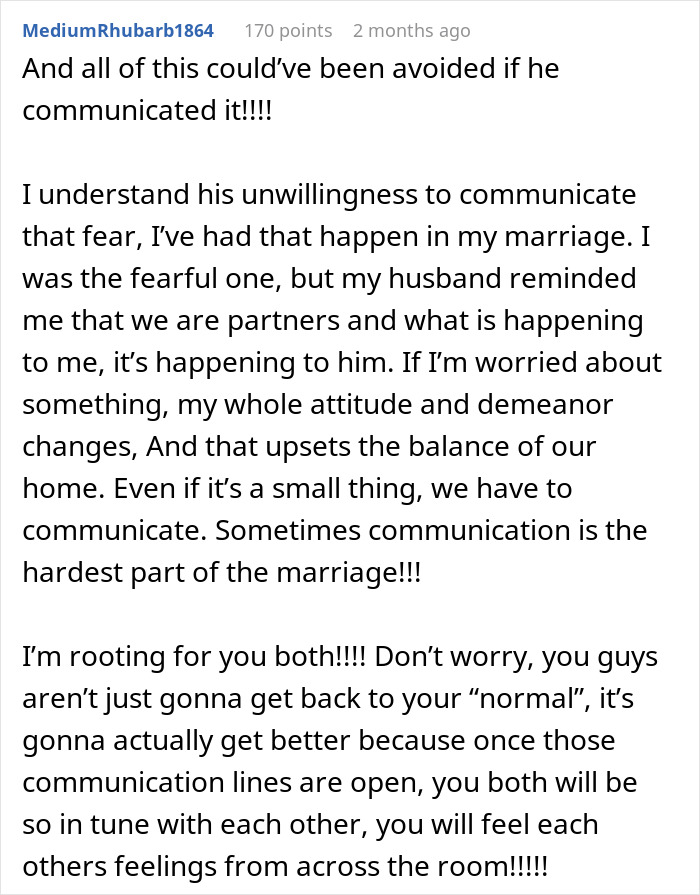 Commenter shares insights on communication challenges in marriage, addressing fears and emotional balance between partners.