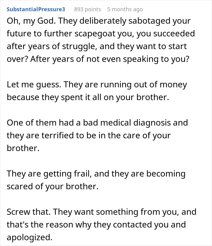 Comment discussing a mom who purposefully hid college acceptance letters from least favorite kid, causing family tension.