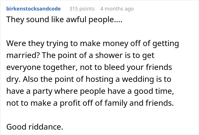 Screenshot of a Reddit comment criticizing bride demands for money after cheap wedding shower gifts sparked outrage among friends.