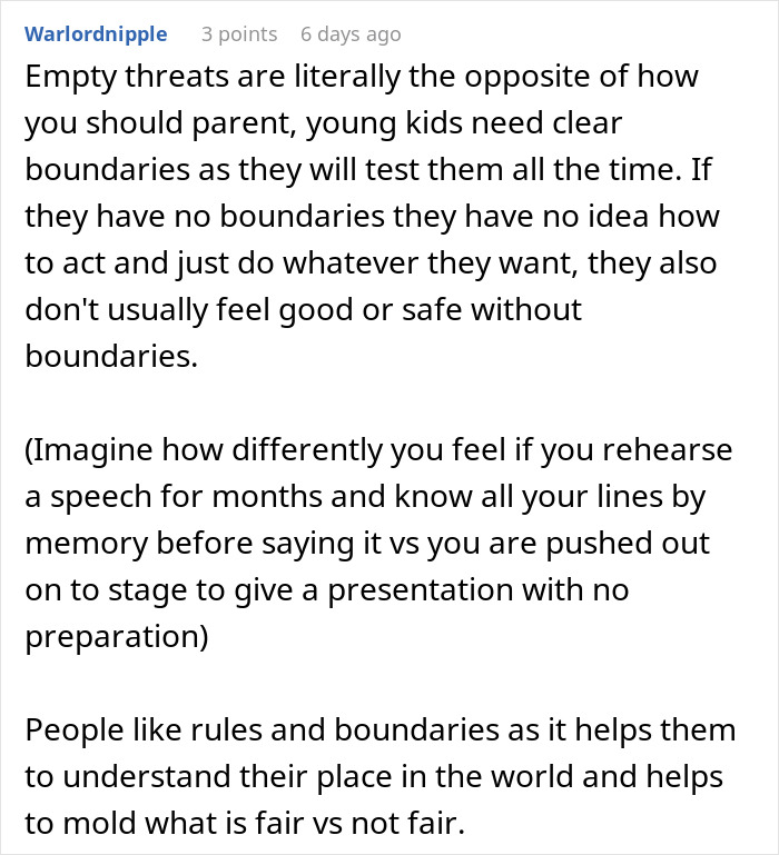 Comment explaining the importance of setting clear boundaries for young kids to promote good behavior and safety.