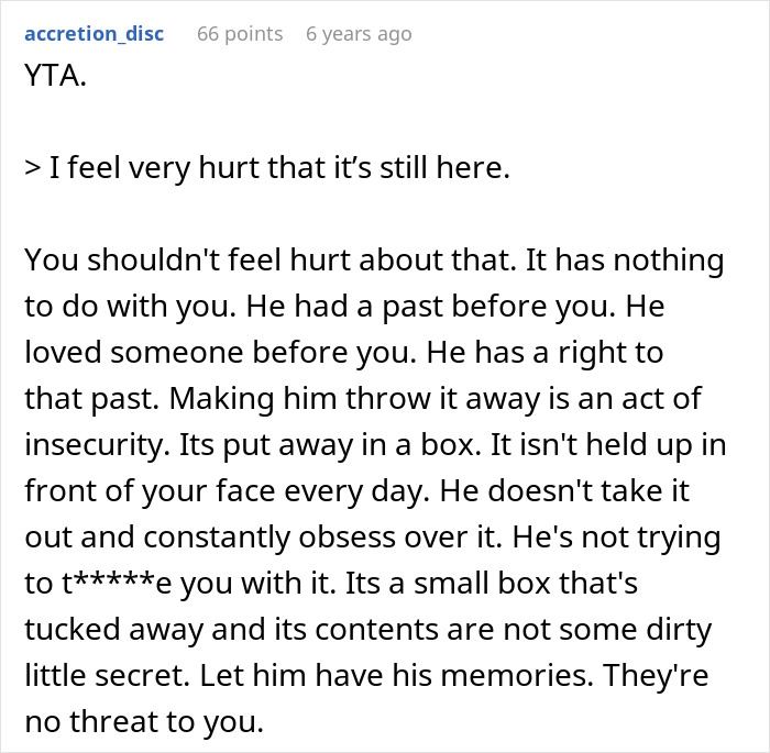 Comment discussing wife wanting man to toss ex-GF&rsquo;s memory box but keep late ex-BF&rsquo;s, highlighting hypocrisy and insecurity.