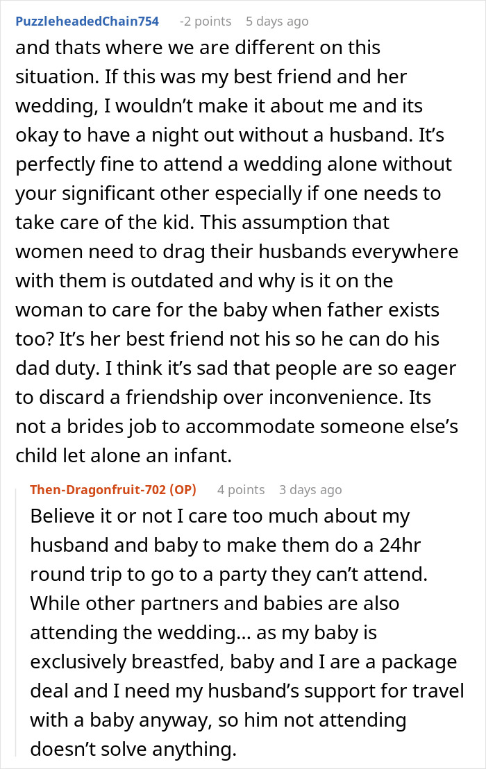 Screenshot of an online discussion about a bride banning her BFF from bringing her baby to a wedding. Screenshot of an online discussion about a bride banning her BFF from bringing her baby to a wedding.
