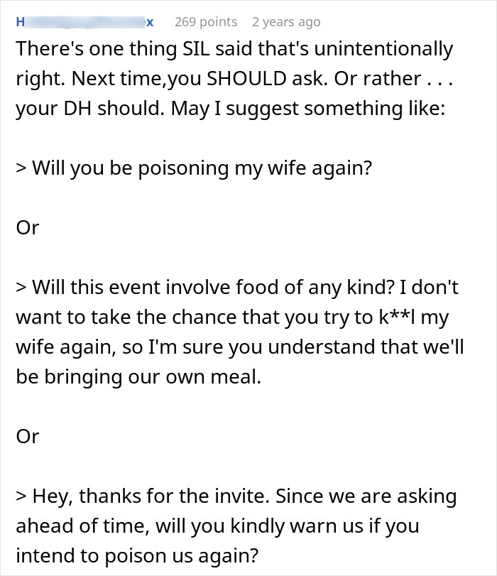 Comment discussing a woman accusing her brother-in-law of causing anaphylactic shock by lying about lunch ingredients.