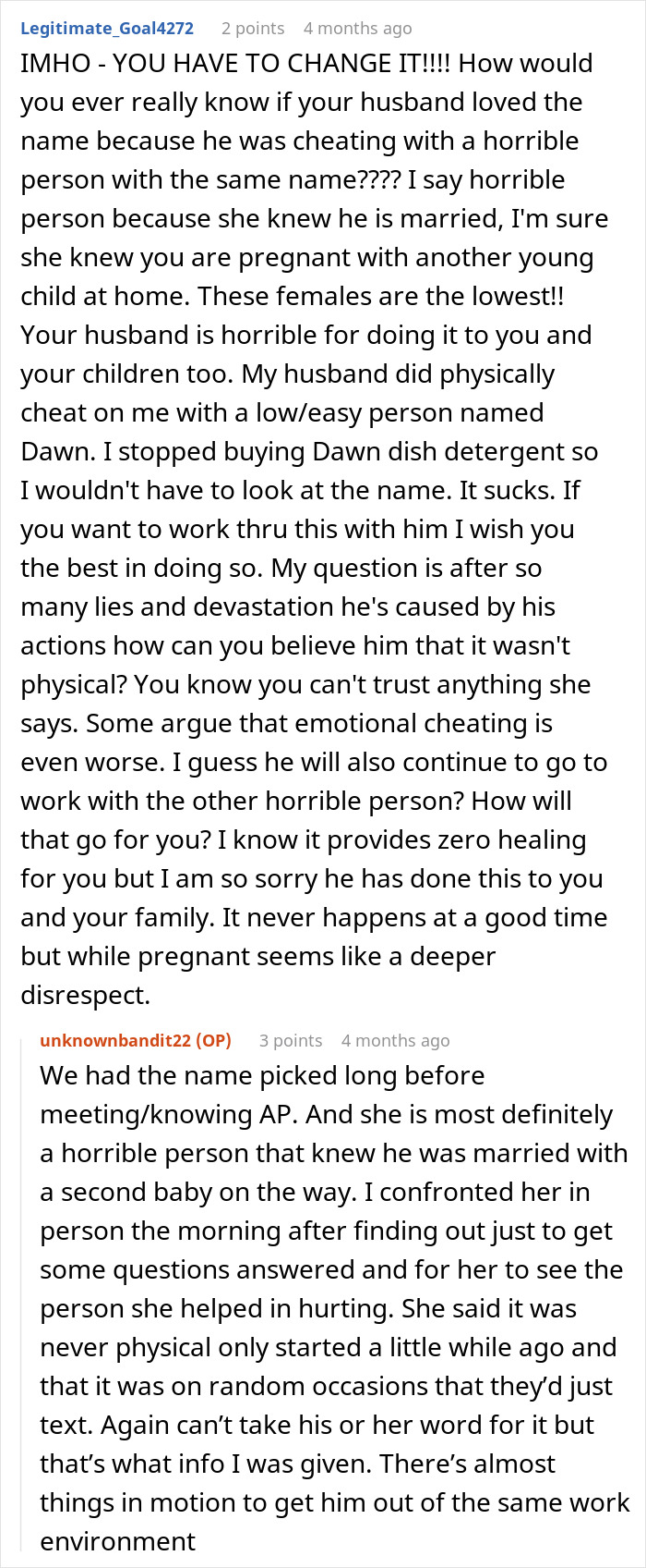 Text conversation discussing a pregnant wife discovering her husband's affair with a woman sharing her dream baby name.