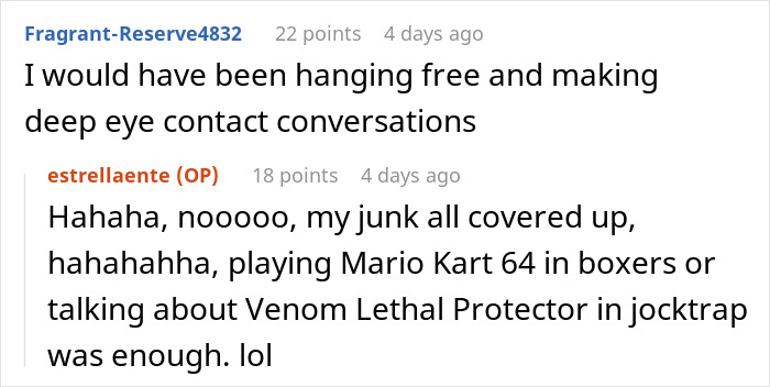 Screenshot of a Reddit conversation where a guy humorously responds about his boxers bothering guests.
