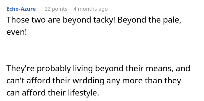 Comment excerpt about wedding shower gifts and financial struggles after cheap presents sparked bride demands for money.