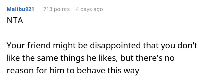 Comment on a forum stating a friend might be disappointed but there's no excuse for bad behavior over show preferences.