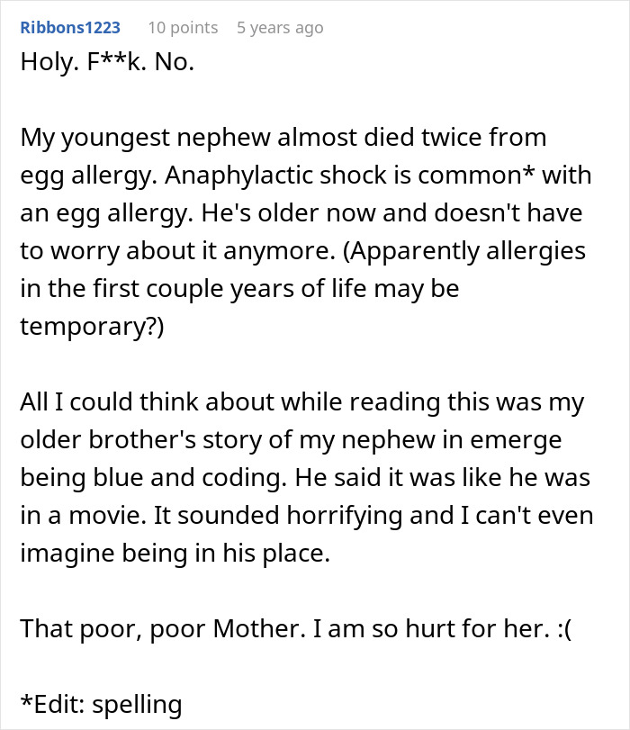 Commenter describing a nephew's severe egg allergy causing anaphylactic shock and hospitalization.