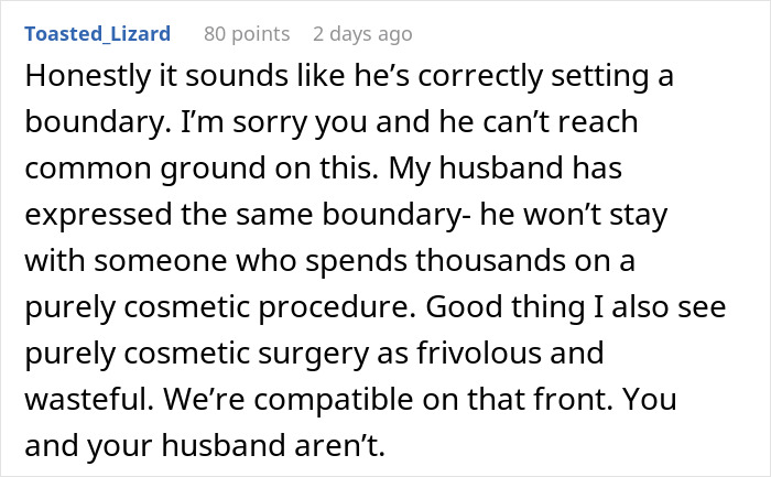 Comment discussing a husband giving an ultimatum about plastic surgery, highlighting boundaries in relationships.