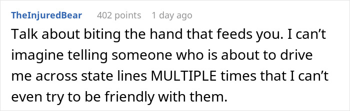 Reddit comment about entitled lady manipulating boyfriend to break up and unfairly demanding free rides despite poor behavior.