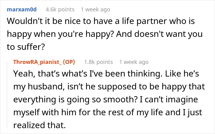 Screenshot of a Reddit conversation about a man who hates how easy everything comes to his wife and wants her to suffer. Screenshot of a Reddit conversation about a man who hates how easy everything comes to his wife and wants her to suffer.