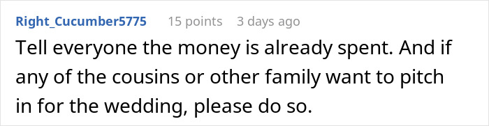 Comment about wedding money spent, highlighting issue with sister refusing to gift $30K for wedding expenses.