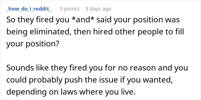Reddit user discussing being laid off and potential legal issues around position elimination and rehiring others.