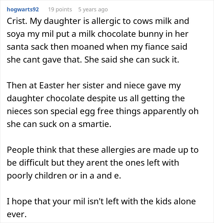 Comment describing MIL ignoring child&rsquo;s severe allergy, causing risk and emergency room visit due to spoiled behavior.