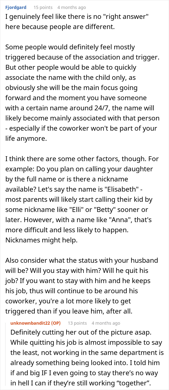 Screenshot of a conversation discussing a pregnant wife discovering her hubby&rsquo;s affair and the shock of the woman&rsquo;s name matching her dream baby name.
