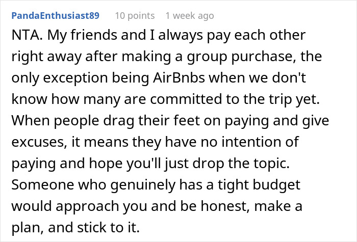 Comment about friend who won’t pay back, discussing refusing to wait longer and group purchase payment issues. Comment about friend who won’t pay back, discussing refusing to wait longer and group purchase payment issues.