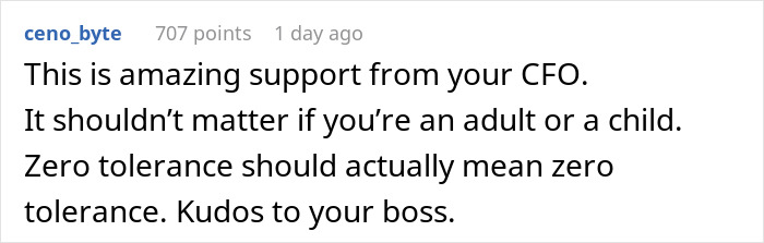 Screenshot of an online comment praising a CFO for immediate termination after a body-shaming incident.