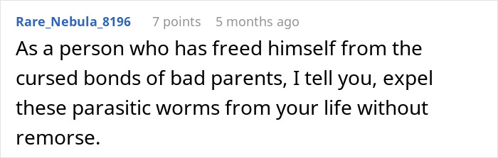 Screenshot of an online comment discussing freeing oneself from bad parents and emotional relief, related to hidden college acceptance letters.