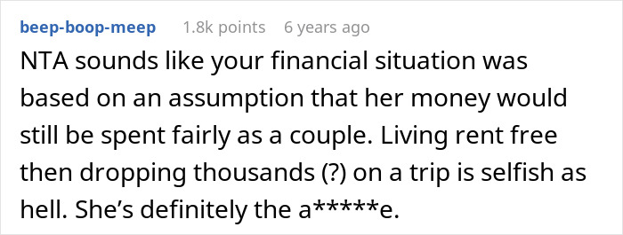 Screenshot of an online discussion about a woman planning a solo trip and getting dumped by her partner five days before leaving. Screenshot of an online discussion about a woman planning a solo trip and getting dumped by her partner five days before leaving.