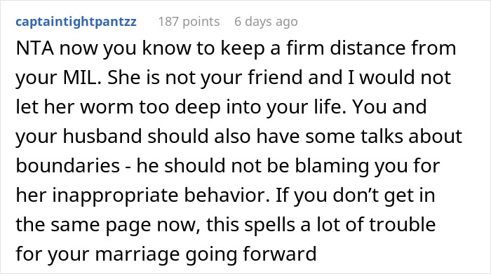 Comment discussing maintaining boundaries with a MIL criticizing a bikini and suitcase, highlighting relationship advice.